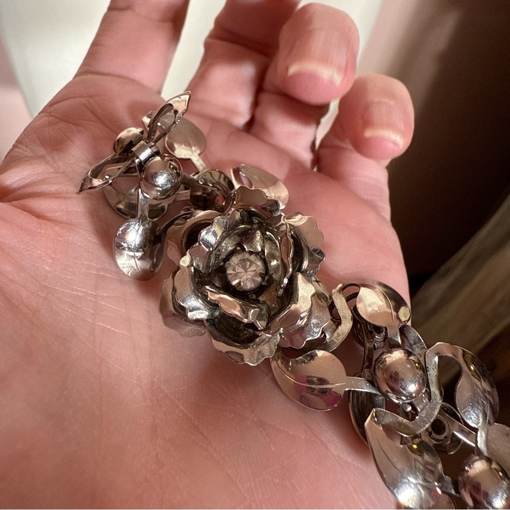 Silver Floral Rose Bracelet with Center Crystal - Picture 6 of 16